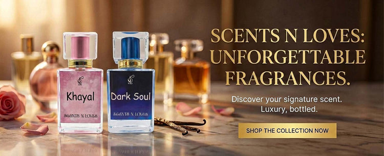 Dark Soul by Scents N Loves luxury men’s perfume banner featuring deep blue bottle with water splash, long-lasting premium fragrance in Pakistan